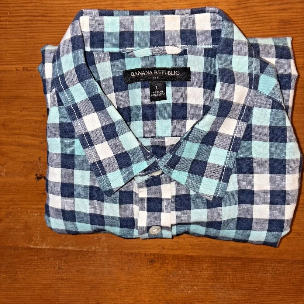 Banana Republic Plaid Shirt Short Sleeve Button Up Green Blue Mens‎ Large (M)